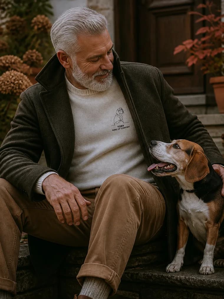 A woman sitting with a beagle, wearing an embroidered sweater