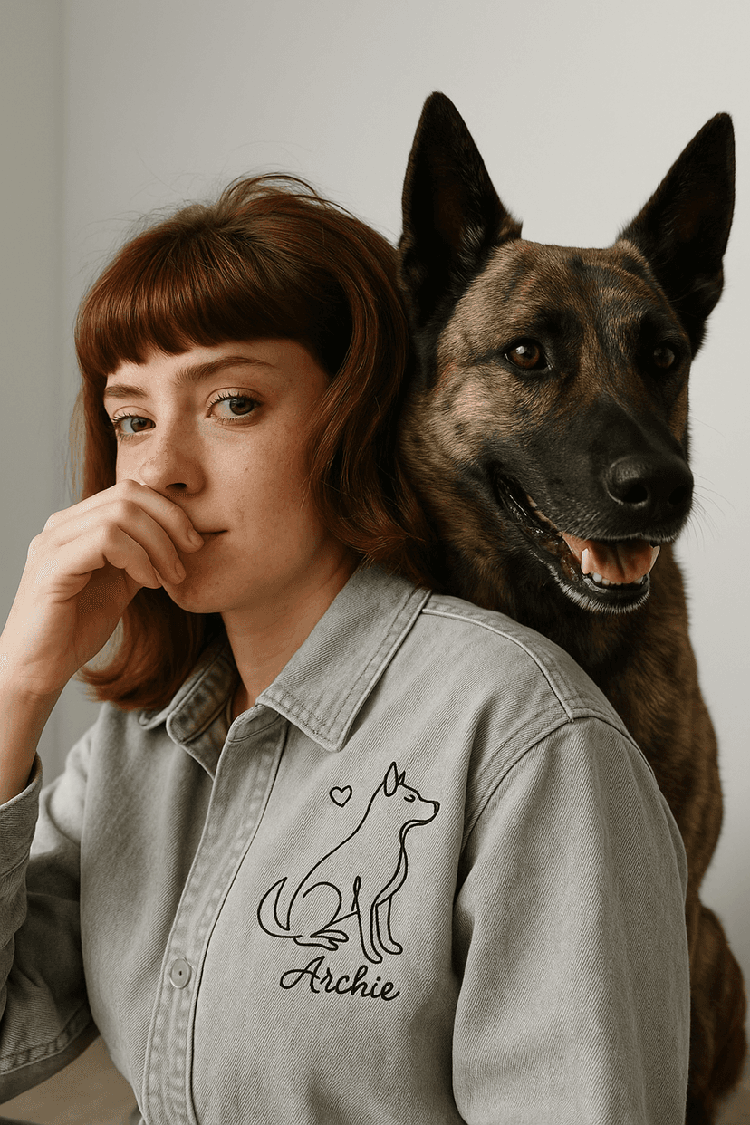 A red-haired woman with a german shepherd dog wearing poetic style embroidery on jeans shirt