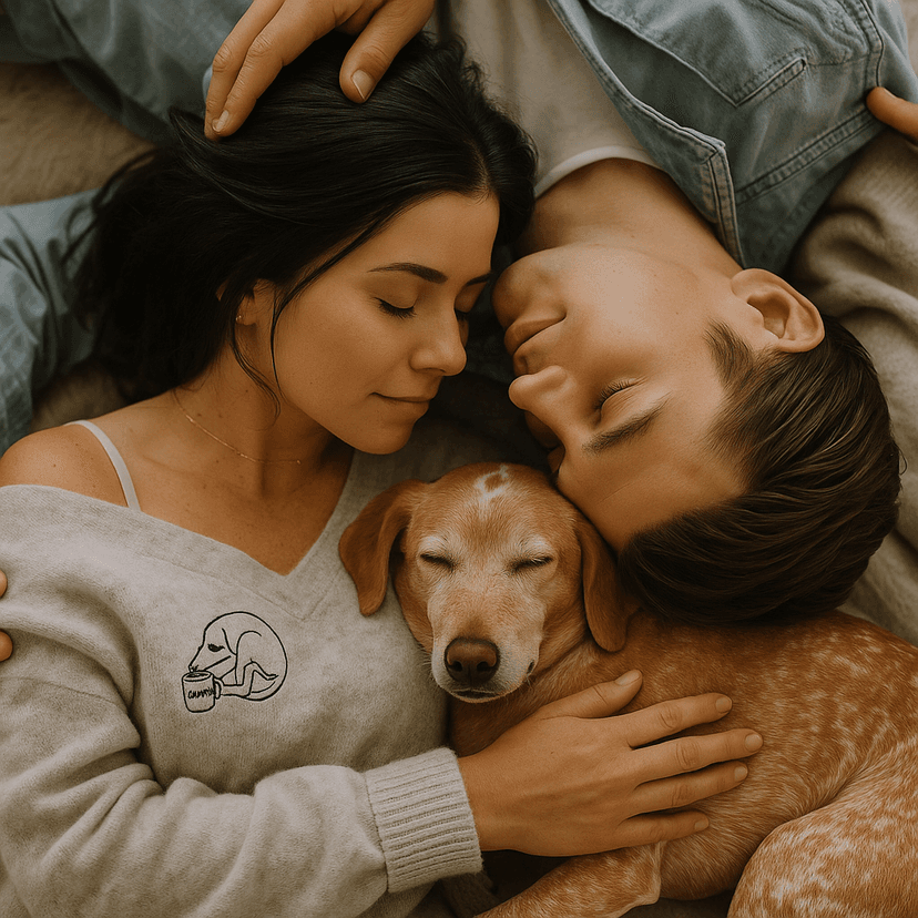 Couple lying down with a dog wearing meme-style embroidery