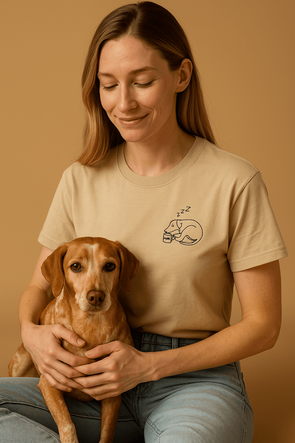 Woman sitting with a dog wearing meme style embroidery with a coffee