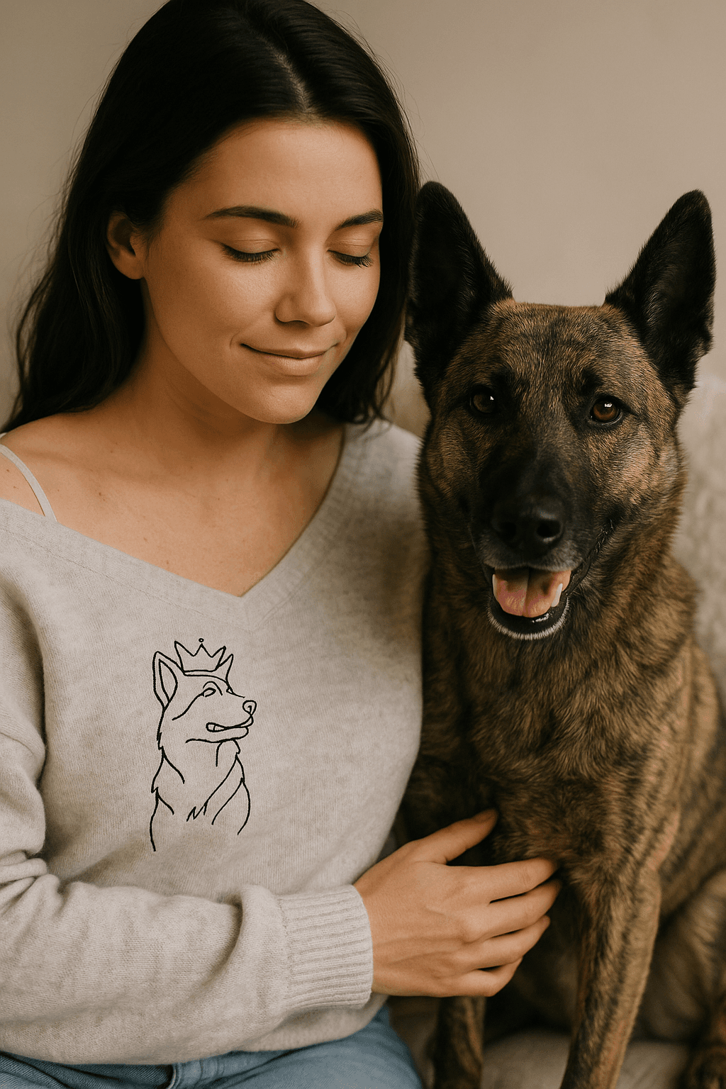 Woman sitting with a dog wearing geometric minimalist embroidery