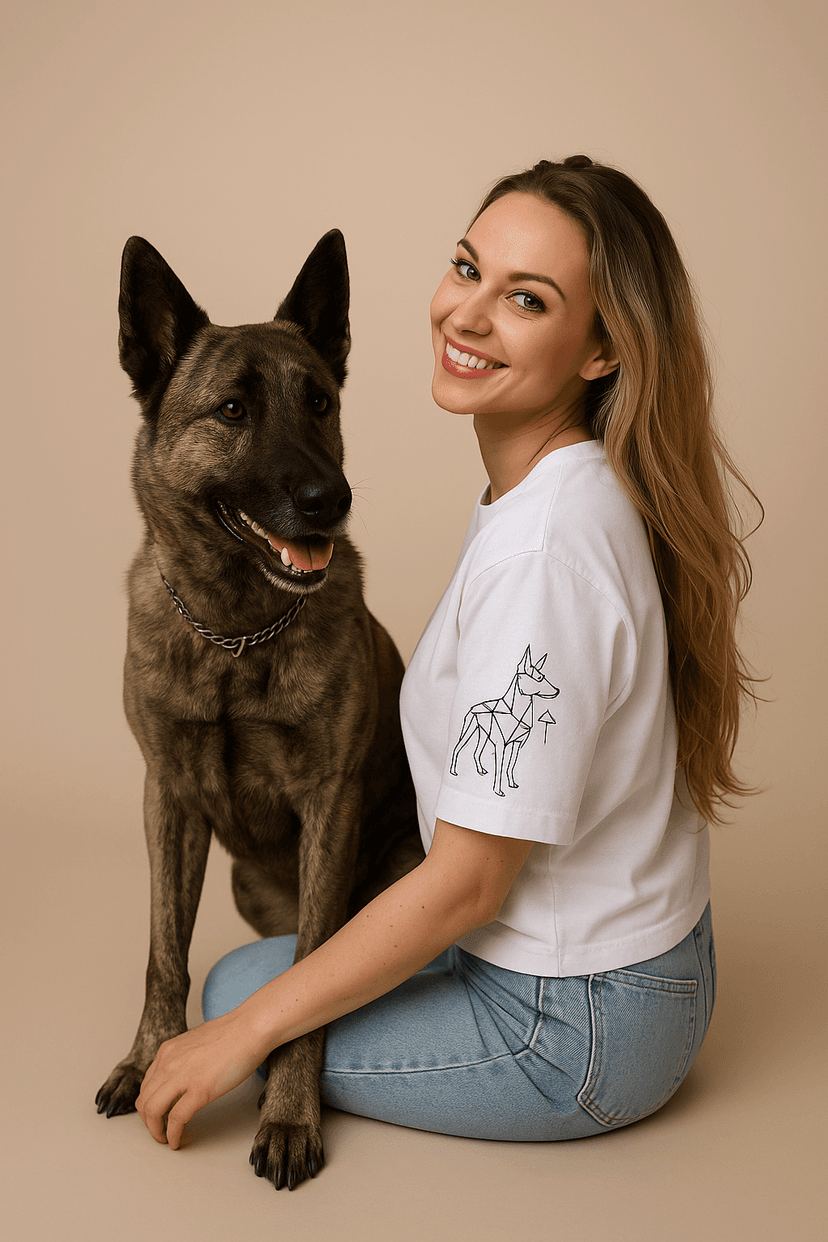 Woman with German Shepherd wearing geometric embroidery